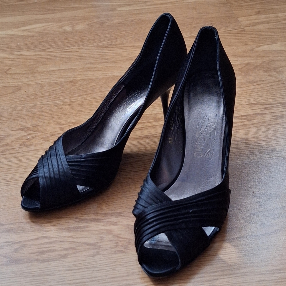 Salvatore Ferragamo "Societe" Black Satin Peep Toe Pumps - Size 11 B